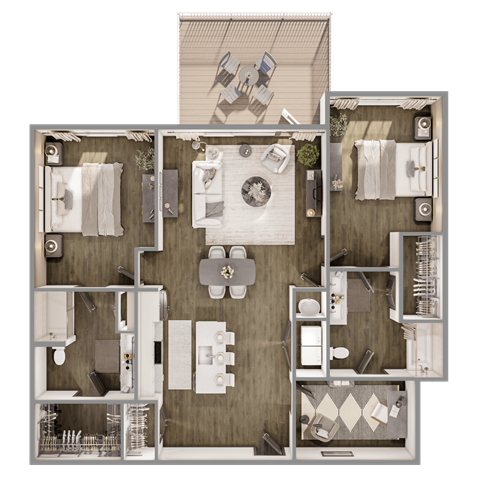 Floor plan for 2 beds, 2 baths, 1384 sqft